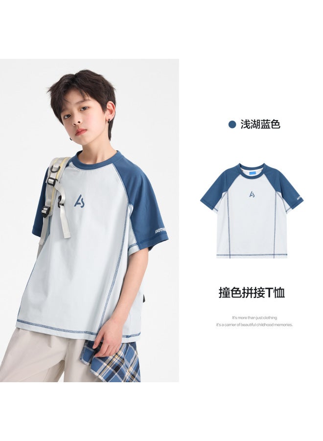 Boys' Summer Sorona Ice-feel Contrast Color Sports Short Sleeve T-shirt  New Style Youth Loose Top