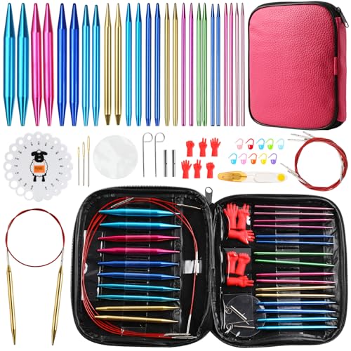 LOOEN 57pcs Aluminum Circular Knitting Needles Set with Ergonomic Handles,13 Size Interchangeable Crochet Needles with Storage Case for Small Project (Style 1) - Image 1