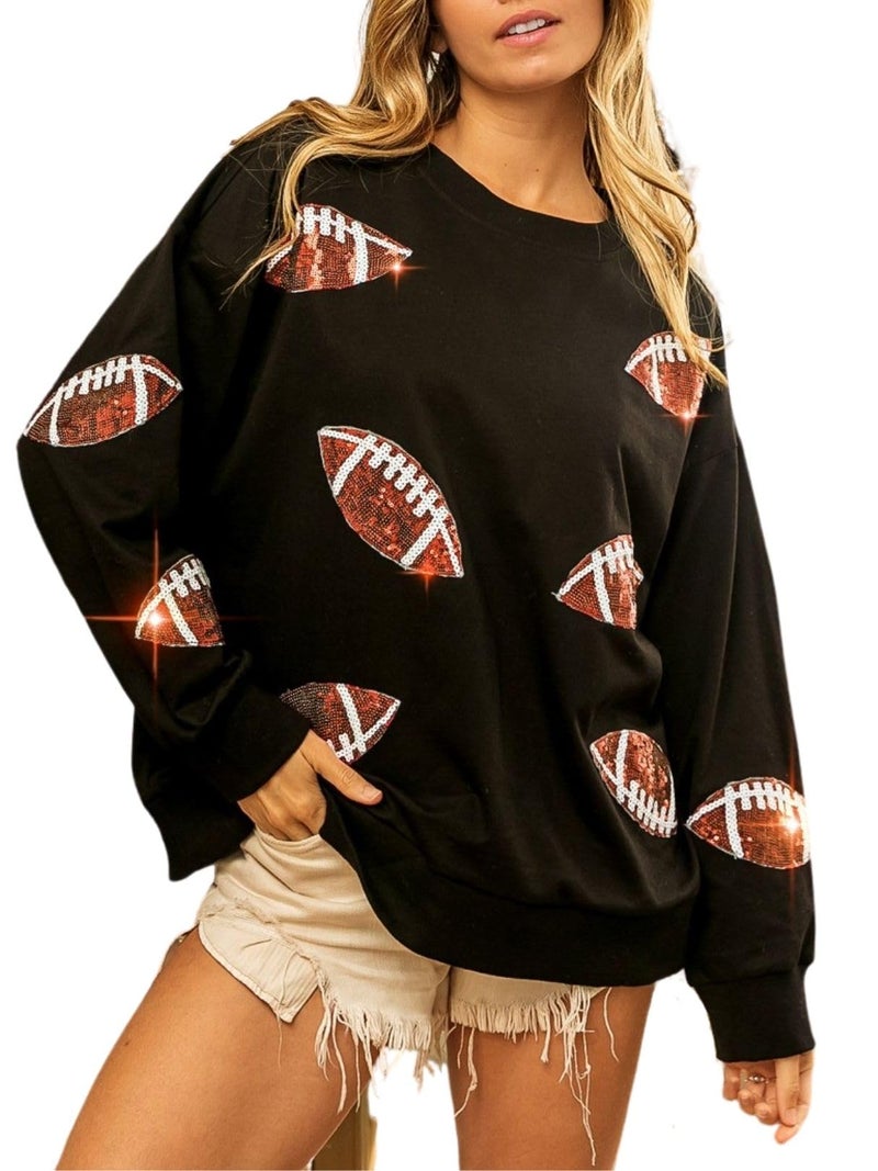Joiemont Womens Football Sequin Embroidery Loose Fit Sweatshirt Casual Crewneck Pullover Long Sleeve Gameday Tops(0486-Black-M) - Image 1