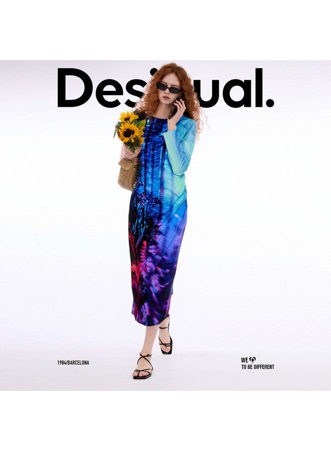 DESIGUAL Autumn/Winter 2025 New Collection Blue-Purple Printed Long Sleeve Maxi Dress - Image 3