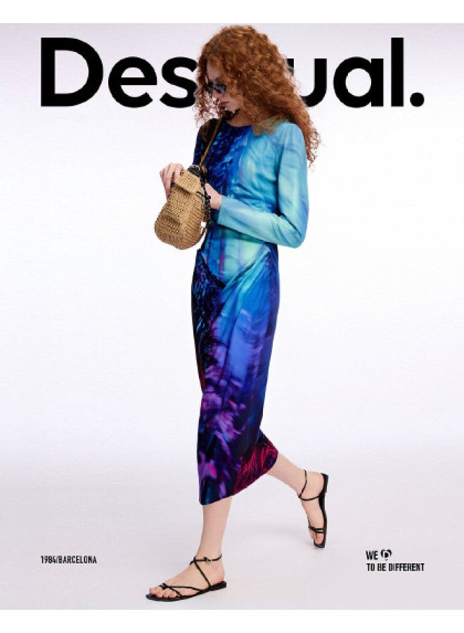 DESIGUAL Autumn/Winter 2025 New Collection Blue-Purple Printed Long Sleeve Maxi Dress - Image 1
