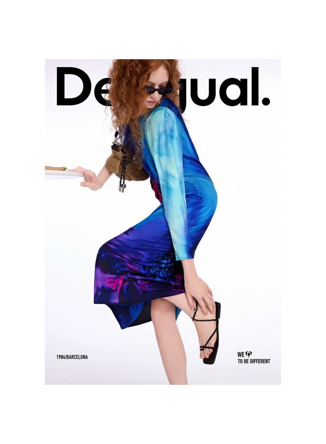 DESIGUAL Autumn/Winter 2025 New Collection Blue-Purple Printed Long Sleeve Maxi Dress - Image 4