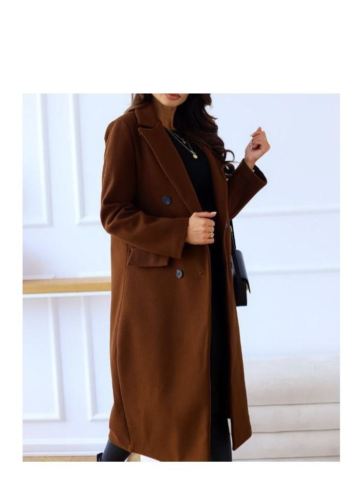 Loquat - New Women's Simple Double Breasted Long Sleeve Lapel Button Wool Overcoat - Image 1