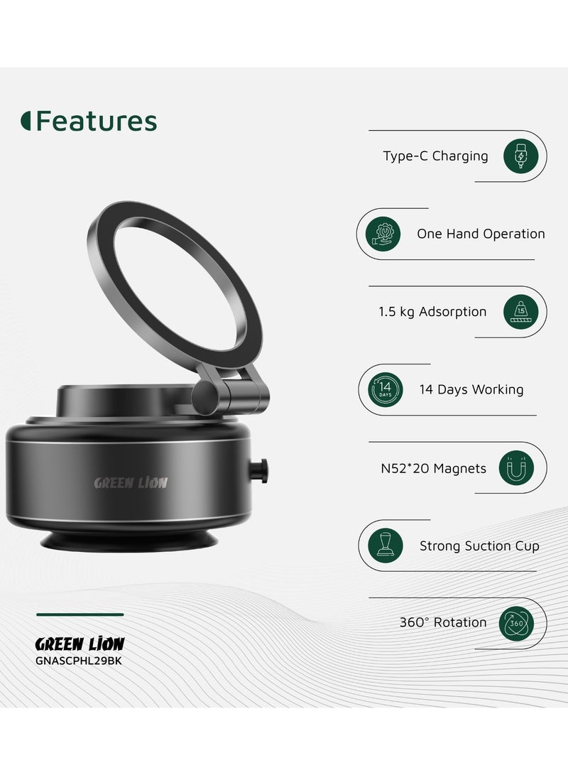 GREEN LION GX-29 Auto Suction Phone Holder / Magsafe Compatible / One-Hand Operation / 360° Rotation / Strong Suction Car Phone Holder - Matte Black - Image 2