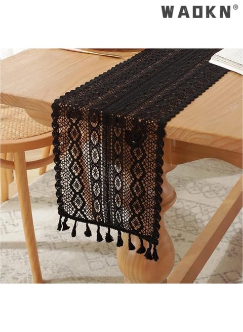 Boho Crochet Table Runner,24*180CM Black Vintage Farmhouse Macrame Table Runner for Coffee Dining Table Kitchen Decor