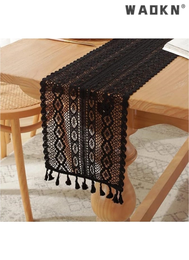WAOKN Boho Crochet Table Runner,24*180CM Black Vintage Farmhouse Macrame Table Runner for Coffee Dining Table Kitchen Decor  - Image 1