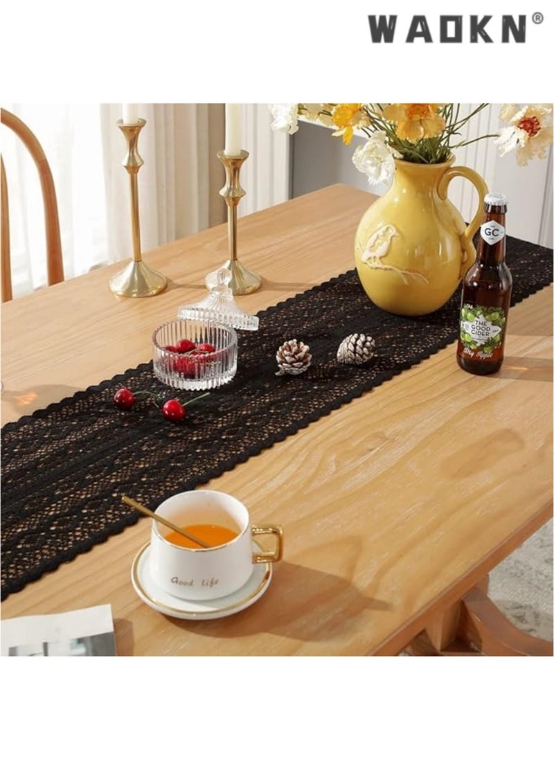 WAOKN Boho Crochet Table Runner,24*180CM Black Vintage Farmhouse Macrame Table Runner for Coffee Dining Table Kitchen Decor  - Image 4