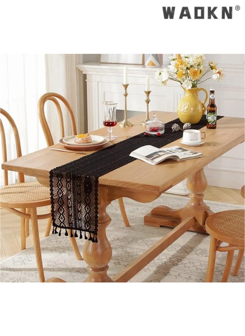 WAOKN Boho Crochet Table Runner,24*180CM Black Vintage Farmhouse Macrame Table Runner for Coffee Dining Table Kitchen Decor  - Image 3