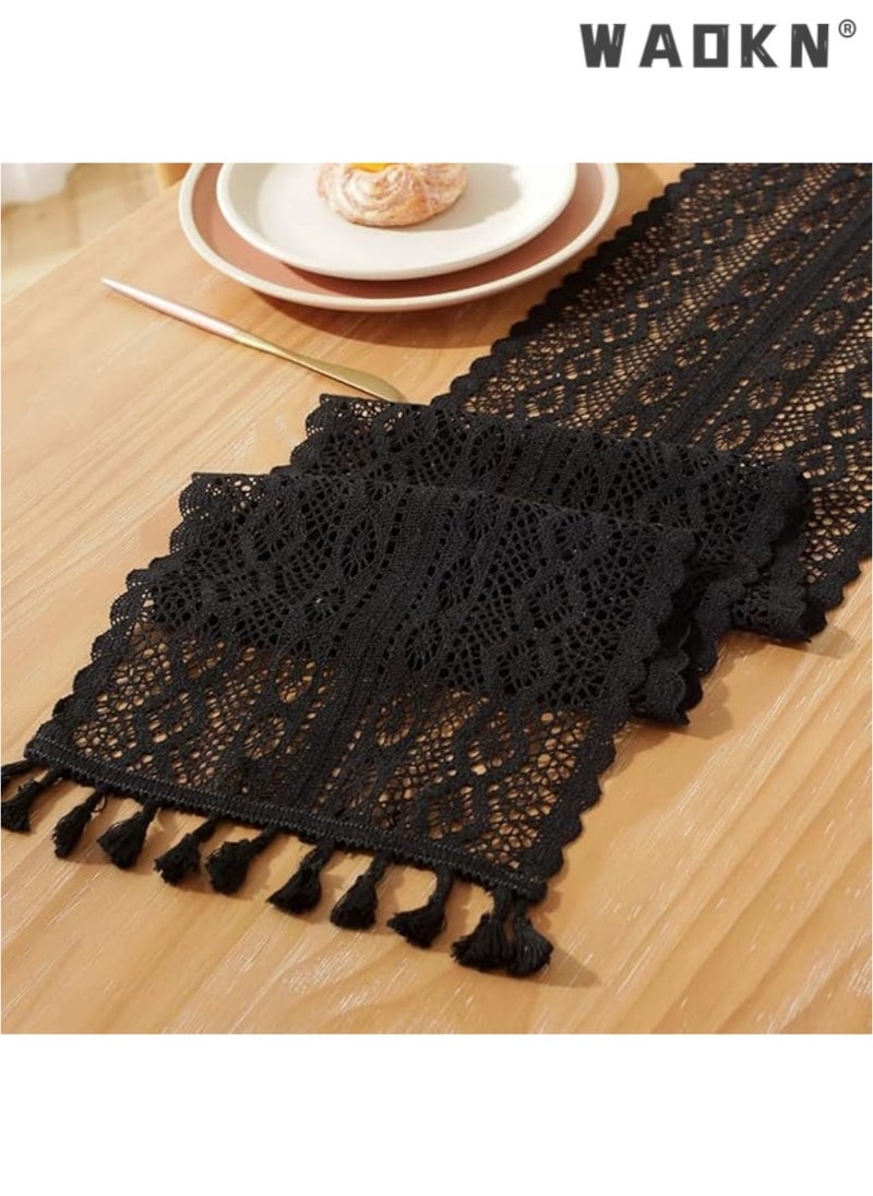 WAOKN Boho Crochet Table Runner,24*180CM Black Vintage Farmhouse Macrame Table Runner for Coffee Dining Table Kitchen Decor  - Image 2