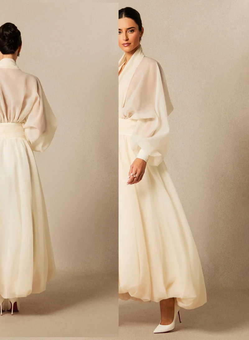 Sunfere Lilly Deep V-neck Puff Sleeve Maxi Dress