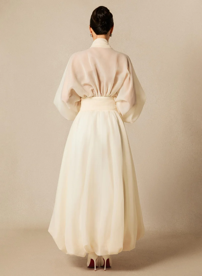 Sunfere Lilly Deep V-neck Puff Sleeve Maxi Dress