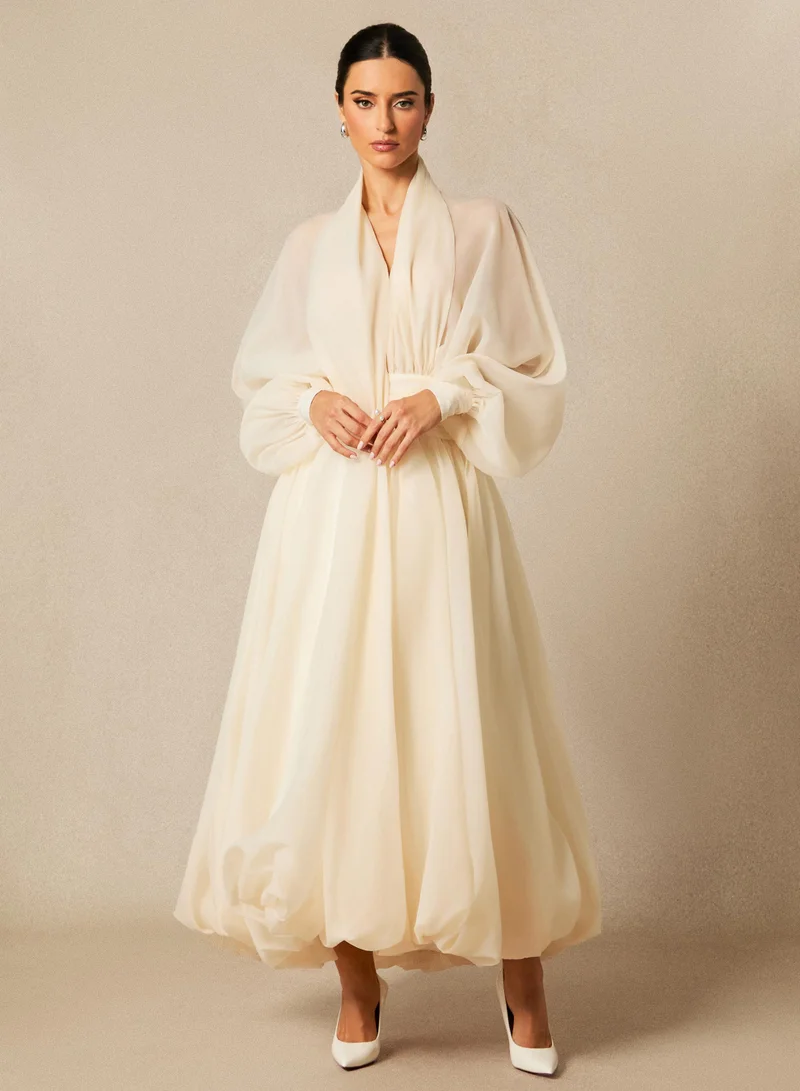 Sunfere Lilly Deep V-neck Puff Sleeve Maxi Dress