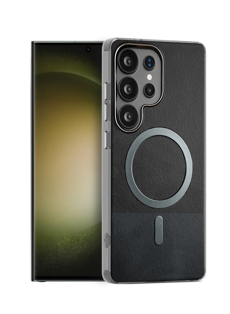 Wtech Samsung Galaxy S23 Ultra 5G 2023 Premium Stylish Metallic Textured Leather Magsafe Ring Case Cover (MCMPMN) - Black