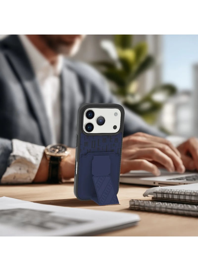 LEVELO iPhone 17 Pro Max Case Morphix Gripstand With Cardholder & Magnetic Strap Stand / Secure Hold / One-Hand Grip / Shock-Resistant Bumper / Luxury Printed Branding Back Cover - Midnight Blue - Image 3