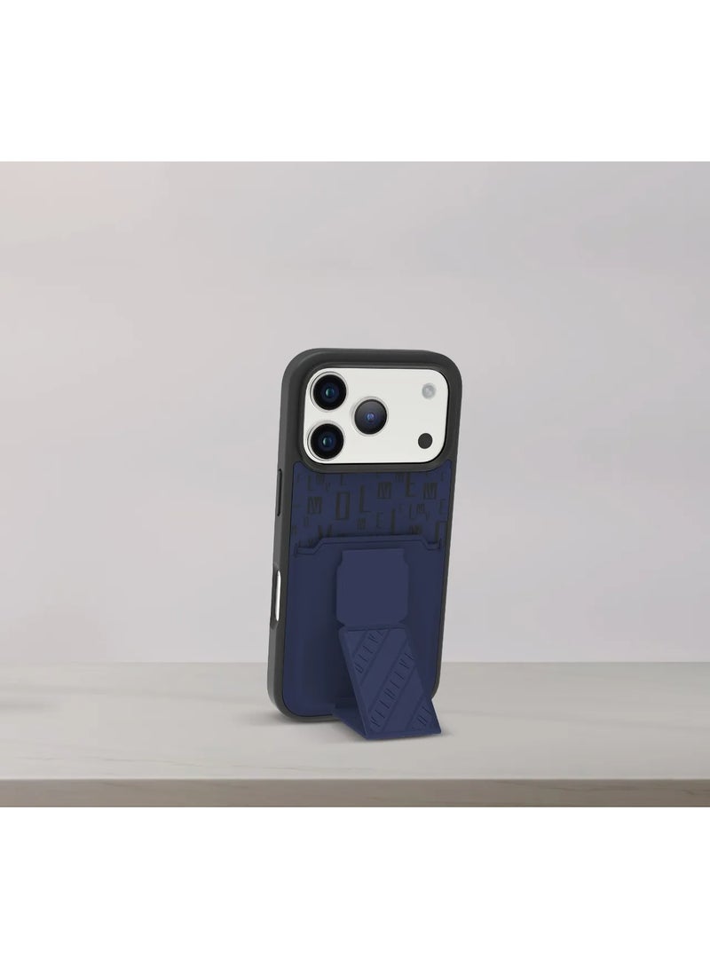 LEVELO iPhone 17 Pro Max Case Morphix Gripstand With Cardholder & Magnetic Strap Stand / Secure Hold / One-Hand Grip / Shock-Resistant Bumper / Luxury Printed Branding Back Cover - Midnight Blue - Image 5