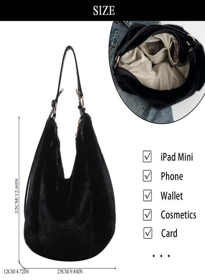 Extolove Fluffy Tote Bag, Winter Fuzzy Purses for Women Faux Fur Bag Soft Furry Shoulder Bag Crossbody Handbag Plush Tote Bag, Black, Small - Image 4
