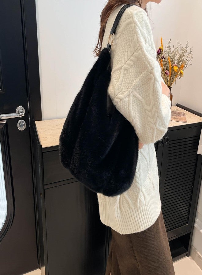 Extolove Fluffy Tote Bag, Winter Fuzzy Purses for Women Faux Fur Bag Soft Furry Shoulder Bag Crossbody Handbag Plush Tote Bag, Black, Small - Image 2