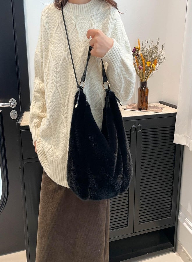 Extolove Fluffy Tote Bag, Winter Fuzzy Purses for Women Faux Fur Bag Soft Furry Shoulder Bag Crossbody Handbag Plush Tote Bag, Black, Small - Image 3