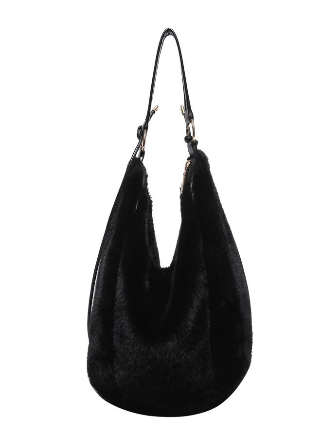 Extolove Fluffy Tote Bag, Winter Fuzzy Purses for Women Faux Fur Bag Soft Furry Shoulder Bag Crossbody Handbag Plush Tote Bag, Black, Small - Image 1