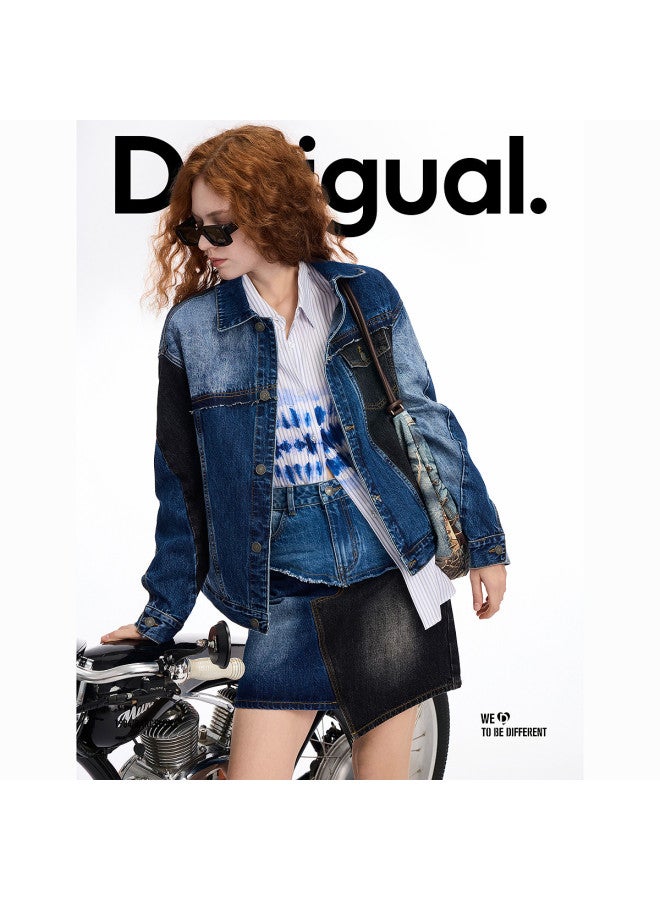 DESIGUAL ss25 New Arrival Color-blocked Washed Denim Jacket Cardigan - Image 5