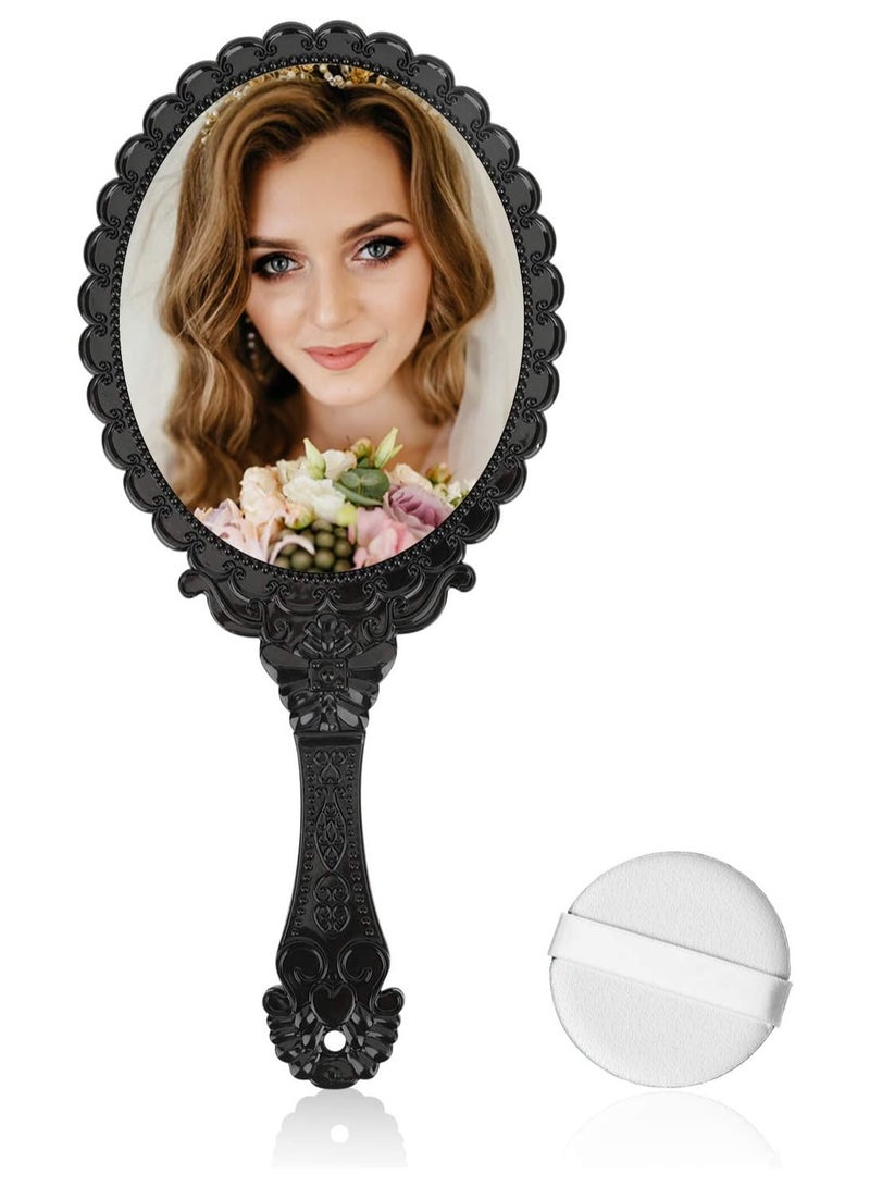 Handheld Mirror with Handle, Makeup Compact Hand Mirrors Travel Small Vintage Purse Mirrors, Hand Held Packet Mini Mirrors for Girls Decorative Embossed Flower (Black) - Image 3