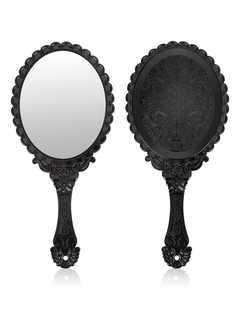 Handheld Mirror with Handle, Makeup Compact Hand Mirrors Travel Small Vintage Purse Mirrors, Hand Held Packet Mini Mirrors for Girls Decorative Embossed Flower (Black) - Image 1