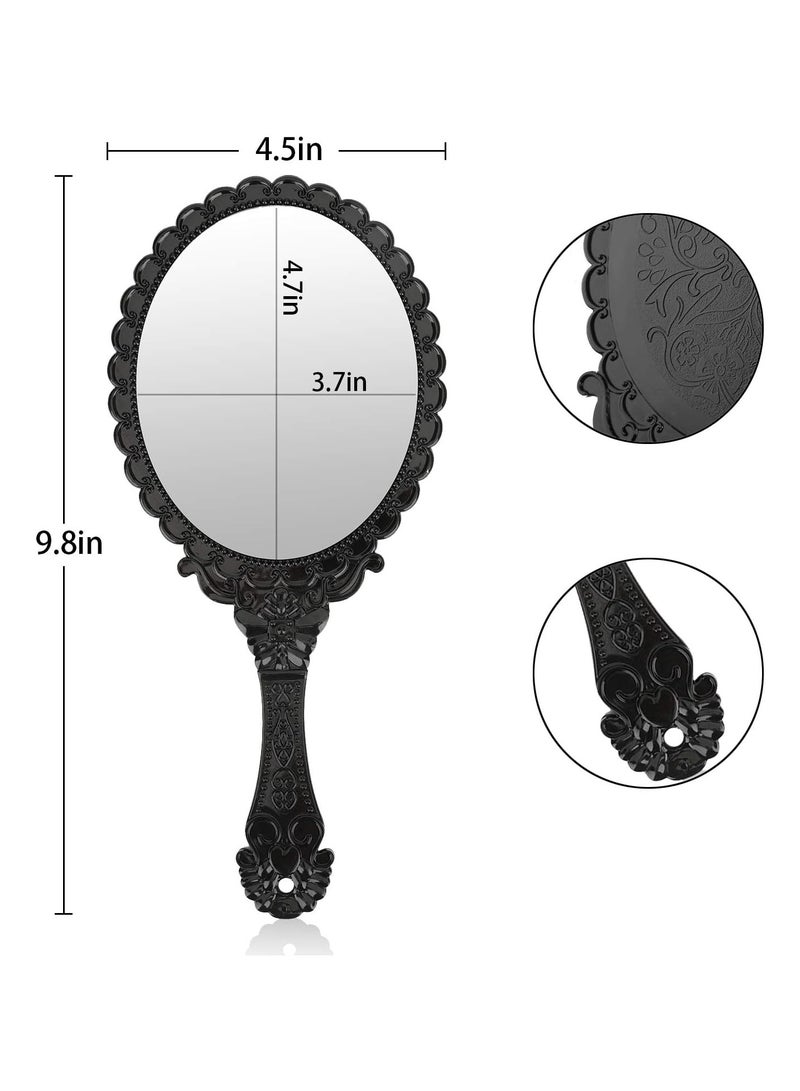 Handheld Mirror with Handle, Makeup Compact Hand Mirrors Travel Small Vintage Purse Mirrors, Hand Held Packet Mini Mirrors for Girls Decorative Embossed Flower (Black) - Image 2