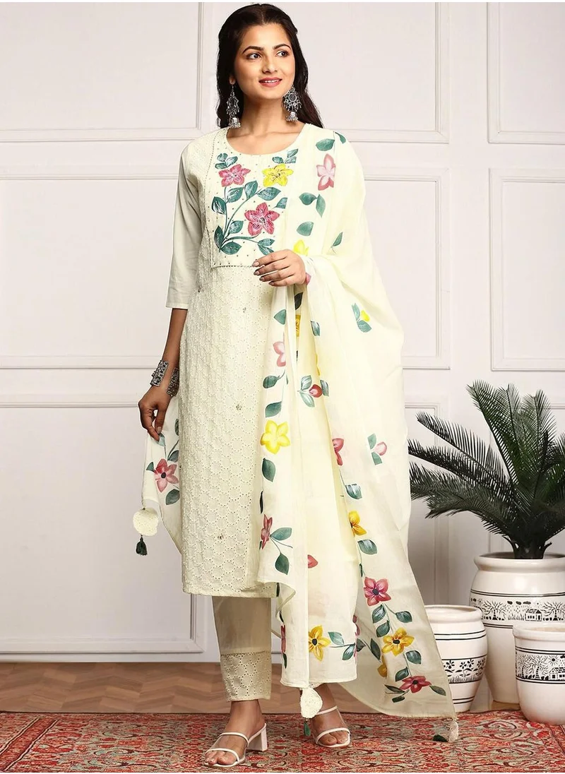 آي شين Women Off White Cotton Kurta Set With Dupatta