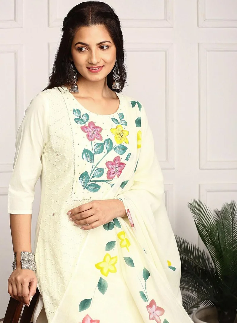 آي شين Women's Off White 100% Cotton Embellished Full Length Palazzo Regular Fit Kurta Set