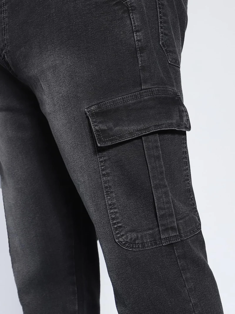 Urbano Fashion  Urbano Plus Men's Grey Regular Fit Washed Cargo Jeans with 6 Pockets Stretchable  | Best Price UAE
