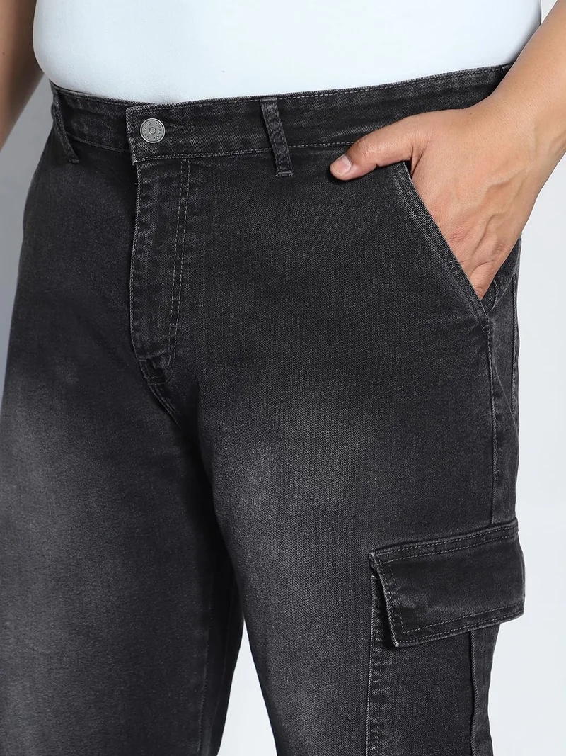 Urbano Fashion  Urbano Plus Men's Grey Regular Fit Washed Cargo Jeans with 6 Pockets Stretchable  | Best Price UAE