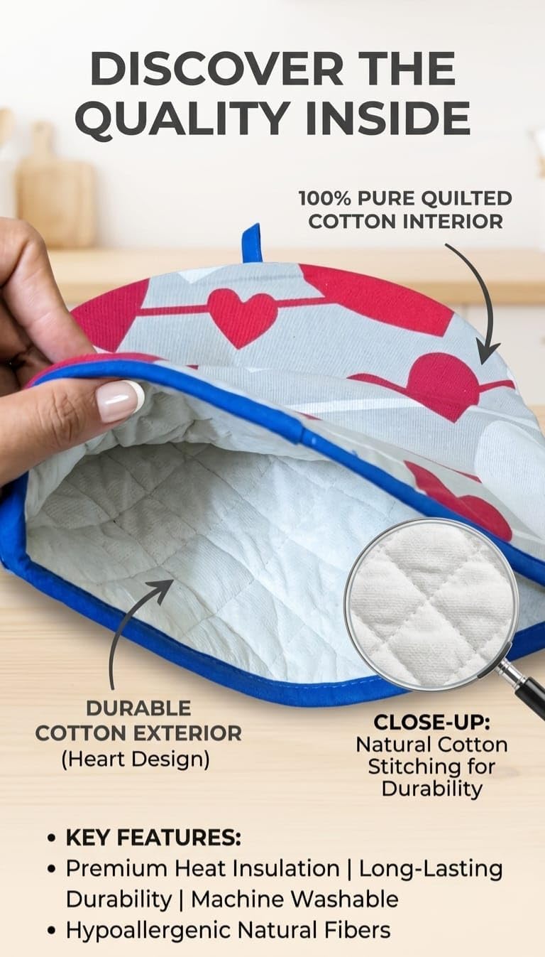 Tea Cozy for Teapot – Insulated Cotton Tea Pot Cover with Heart Print | Keeps Tea Warm Longer | Reusable Kitchen Tea Warmer Cover | 27 × 28 cm | Home & Kitchen Accessories - Image 3