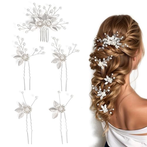 Sppry Wedding Hair Pins Set of 5 Pcs - Elegant Leaf Floral Pearl Rhinestones Hair Accessories for Bridal Women (Silver) - Image 1