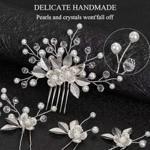 Sppry Wedding Hair Pins Set of 5 Pcs - Elegant Leaf Floral Pearl Rhinestones Hair Accessories for Bridal Women (Silver) - Image 3