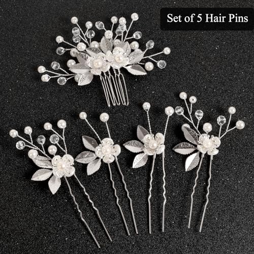 Sppry Wedding Hair Pins Set of 5 Pcs - Elegant Leaf Floral Pearl Rhinestones Hair Accessories for Bridal Women (Silver) - Image 2