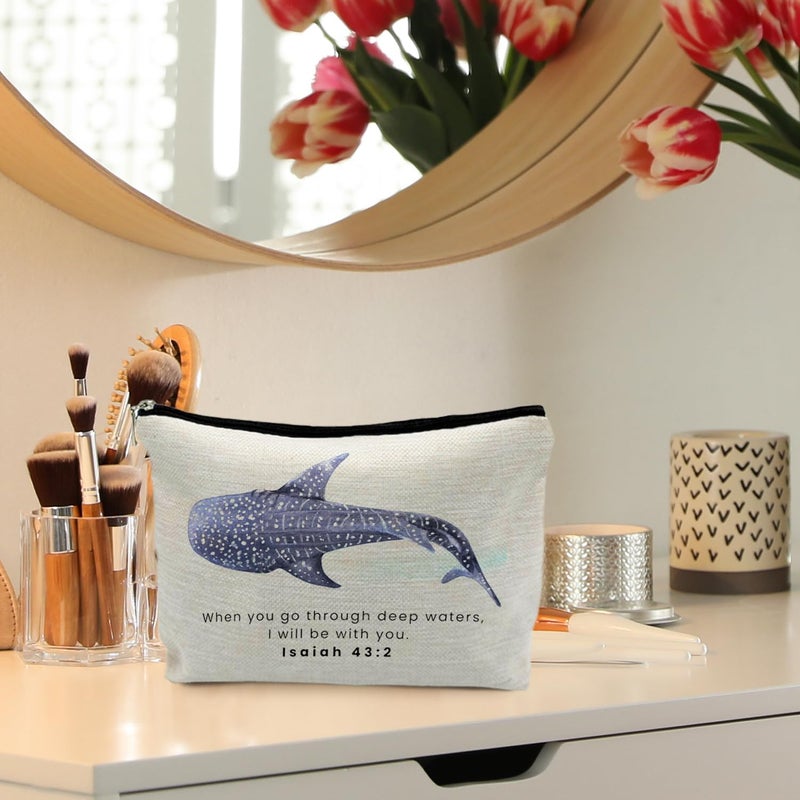 RYYCDOI Whale Shark Christian Makeup Bag Pouch, Christian Shark Gifts for Women, Bible Verse Gifts Isaiah 43:2, When you go through deep waters I will be with you - Image 2