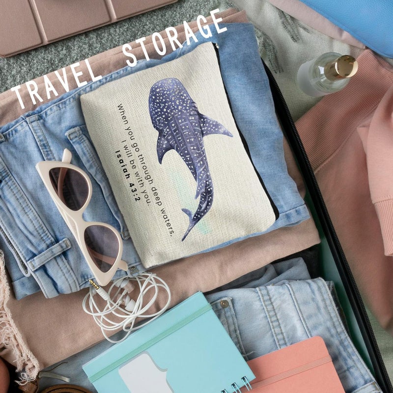 RYYCDOI Whale Shark Christian Makeup Bag Pouch, Christian Shark Gifts for Women, Bible Verse Gifts Isaiah 43:2, When you go through deep waters I will be with you - Image 5