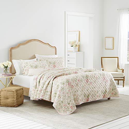LAURA ASHLEY Laura Ashley  Queen Quilt Set Reversible Cotton Bedding with Matching Shams Lightweight Home Decor for All Seasons Breezy Floral PinkGreen Queen