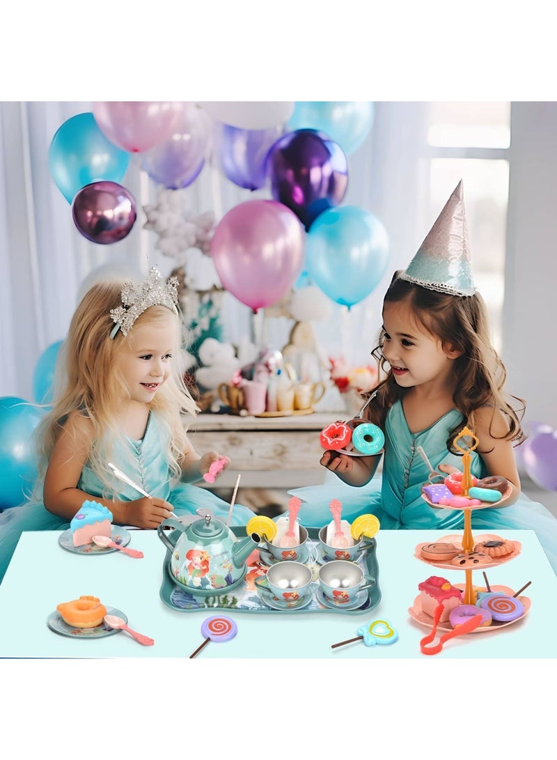 SYOSI 52Pcs Mermaid Tea Party Set for Little Girls, Princess Tea Time Pretend Kitchen Toys, Pretend Tin Teapot Set with Metal Carrying Case, Desserts, Cookies, Doughnut, Cake, Gift for Age 3-12 Year Olds - Image 4