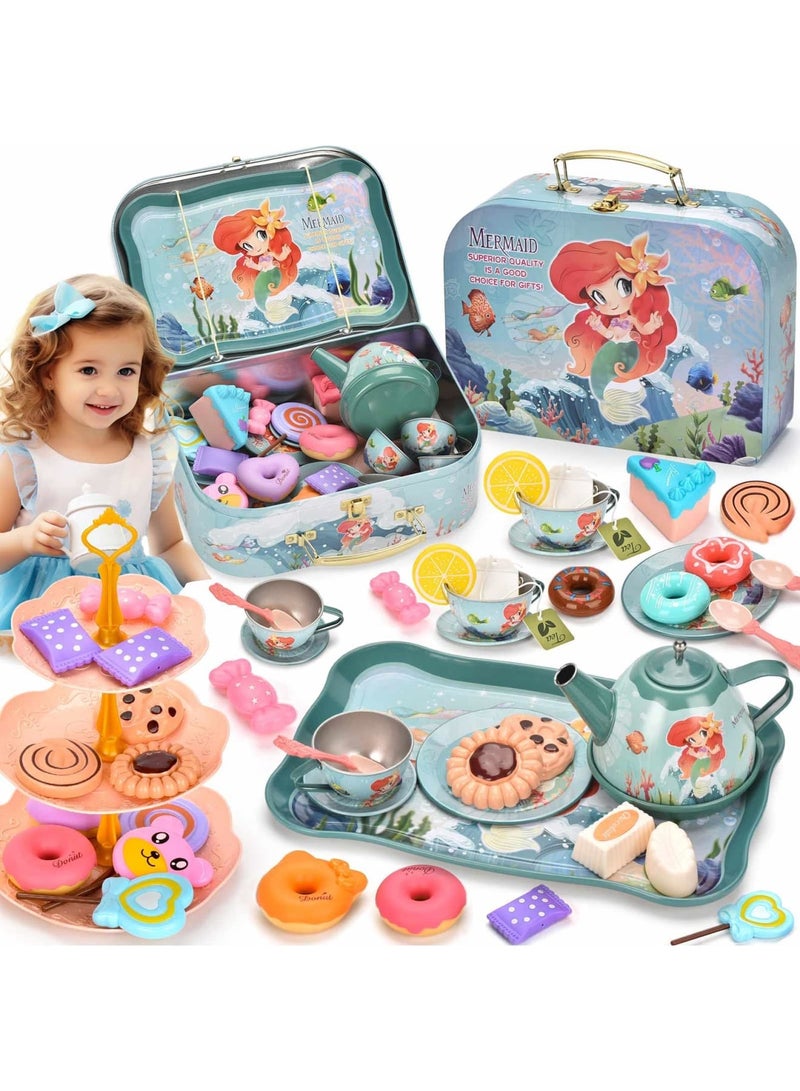 SYOSI 52Pcs Mermaid Tea Party Set for Little Girls, Princess Tea Time Pretend Kitchen Toys, Pretend Tin Teapot Set with Metal Carrying Case, Desserts, Cookies, Doughnut, Cake, Gift for Age 3-12 Year Olds - Image 1