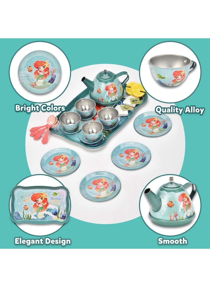 SYOSI 52Pcs Mermaid Tea Party Set for Little Girls, Princess Tea Time Pretend Kitchen Toys, Pretend Tin Teapot Set with Metal Carrying Case, Desserts, Cookies, Doughnut, Cake, Gift for Age 3-12 Year Olds - Image 3