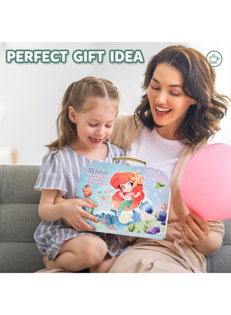 SYOSI 52Pcs Mermaid Tea Party Set for Little Girls, Princess Tea Time Pretend Kitchen Toys, Pretend Tin Teapot Set with Metal Carrying Case, Desserts, Cookies, Doughnut, Cake, Gift for Age 3-12 Year Olds - Image 5