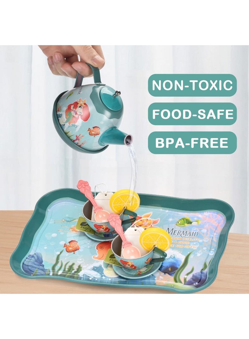 SYOSI 52Pcs Mermaid Tea Party Set for Little Girls, Princess Tea Time Pretend Kitchen Toys, Pretend Tin Teapot Set with Metal Carrying Case, Desserts, Cookies, Doughnut, Cake, Gift for Age 3-12 Year Olds - Image 2