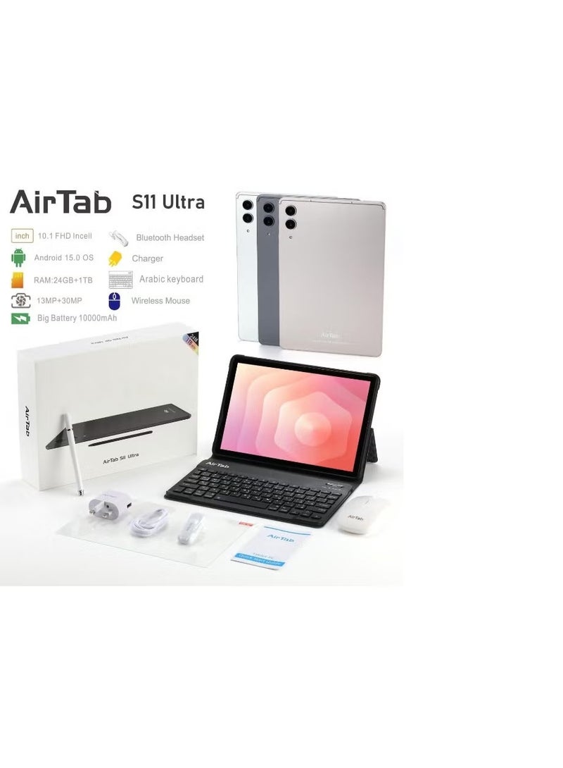 إيرتاب جهاز S11 Ultra اللوحي بشاشة 10.1 بوصة عالية الدقة بالكامل - ذاكرة وصول عشوائي 24 جيجابايت، سعة تخزين 1 تيرابايت، نظام تشغيل أندرويد 15، بطارية 10000 مللي أمبير، كاميرا مزدوجة، قلم، لوحة مفاتيح عربية، وفأرة لاسلكية مرفقة - Image 2