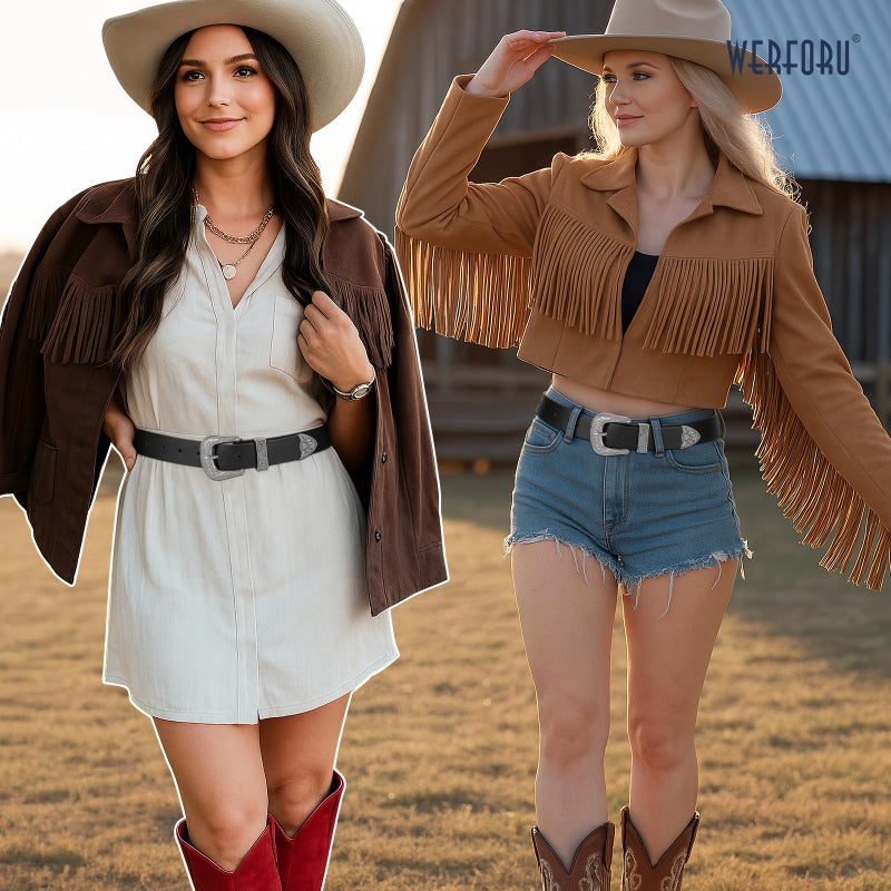 WERFORU Western Belt For Women,Cowgirl Cowboy Belt For Jeans Pants With Silver Vintage Western Buckle - Image 3