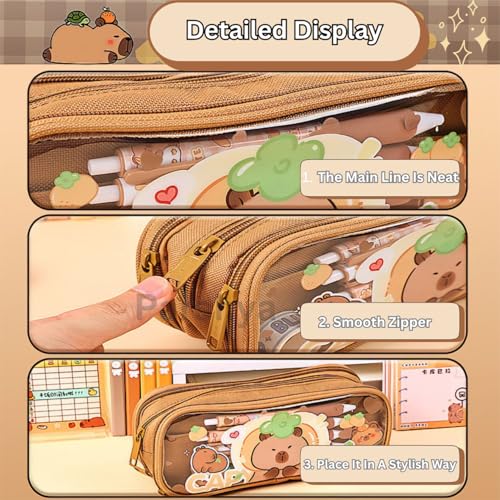 Parshya Canvas Large Capacity Transparent Cute Cartoon Print Pencil Case 3 Compartment Aesthetic Pencil Case for Girls Multifunctional Stationery Organizer for School Office (Brown Capibara) - Image 5