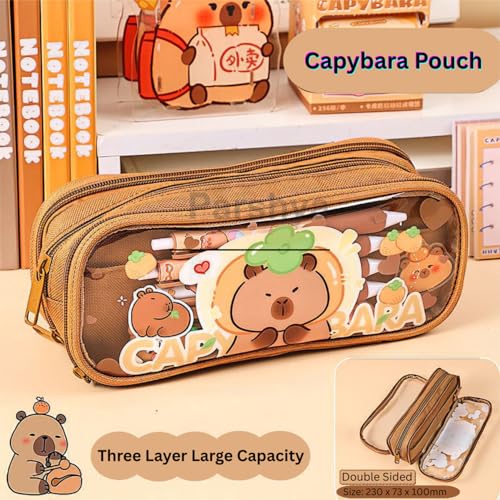 Parshya Canvas Large Capacity Transparent Cute Cartoon Print Pencil Case 3 Compartment Aesthetic Pencil Case for Girls Multifunctional Stationery Organizer for School Office (Brown Capibara) - Image 3