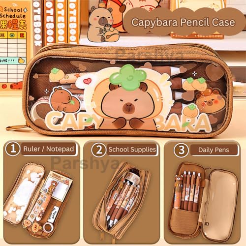 Parshya Canvas Large Capacity Transparent Cute Cartoon Print Pencil Case 3 Compartment Aesthetic Pencil Case for Girls Multifunctional Stationery Organizer for School Office (Brown Capibara) - Image 4