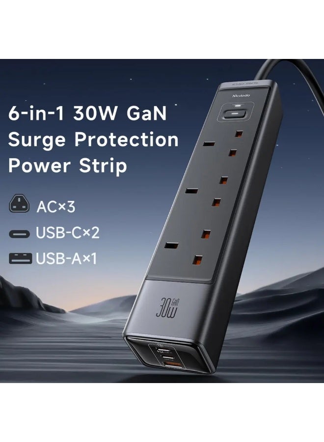 مكدودو توصيلة كهربائية ماكدودو 6 في 1 بتقنية GaN بقوة 30 واط، 3 منافذ AC، منفذين Type-C ومنفذ USB-A، كابل 1.5 متر، حماية من التموجات والتيار الزائد، محطة شحن سريع للمنزل والمكتب - Image 5