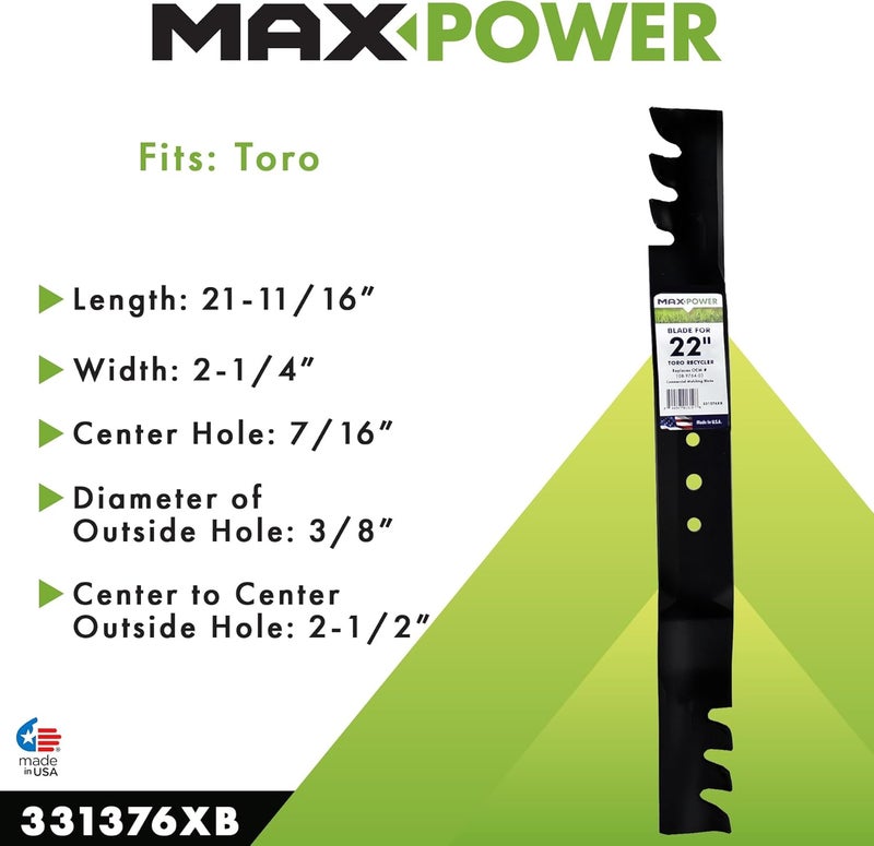 Max Power 331376XB Commercial Mulching Mower Blade for 22" Toro Recyclers, Replaces OEM no. 108-9764-03, 131-4547-03, Black - Image 3